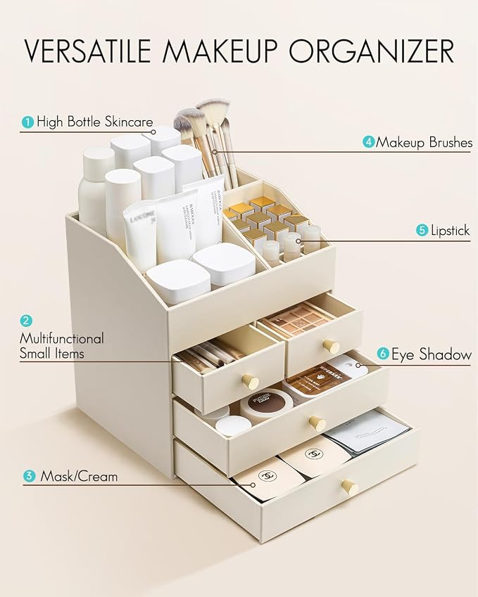 VLANDO Makeup Organizer,Vanity Organizer with Drawers, PU Leather Skincare Organizer Perfume Organizer,Large Cosmetic Display Case for Lipstick,Brushes Gifts for Women, Beige, 4 Layer