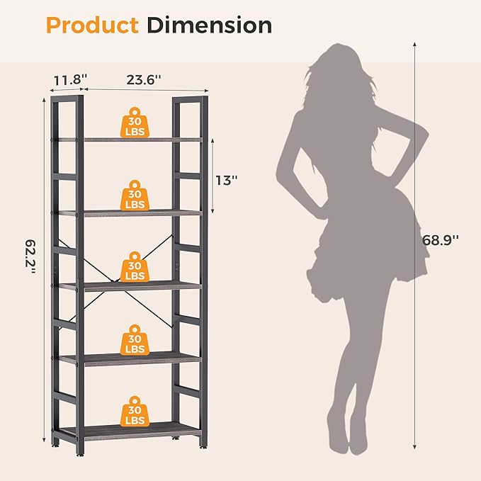 DUMOS 5-Tier Bookshelf, Modern Tall Bookcase Book Shelf | Open Storage Display Shelf for Living Room, Bedroom, Home Office, Narrow Standing Shelving Unit for Books, CDs Wood Grey
