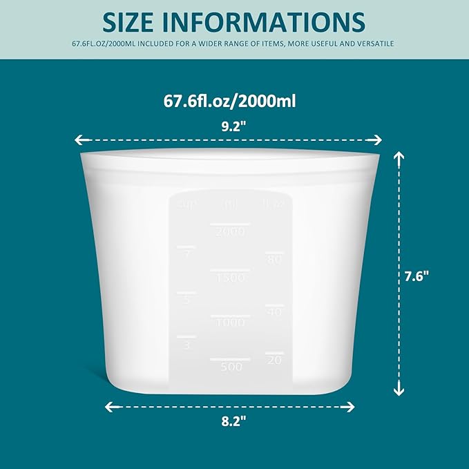 Large Reusable Silicone Food Storage Bags 4 Pack, 0.52 Gallon/2000ml, 100% Silicone Stand-Up Wide-Open Zip-Lock Reusable Bags for Large Items, Microwave Freezer Oven Dishwasher Safe, Translucent
