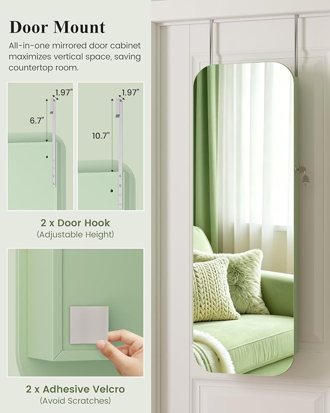 LVSOMT 6 LEDs Mirror Jewelry Cabinet Door Hanging, 42.5", Lockable, Green | Jewelry Organizer with Full Length Mirror, Wall Mounted Large Jewelry Storage for Earrings, Rings, Necklaces
