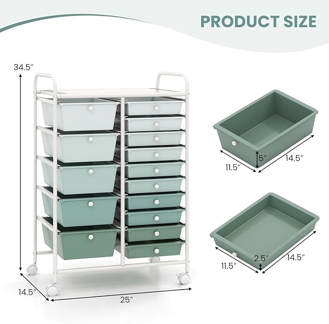 Rolling Cart with 15 Drawers, Utility Cart with Removable Storage Drawers, Lockable Wheels, Art Cart for Home Office Living Room Art Supplies Crafts Paper Scrapbook (Gradient Green)