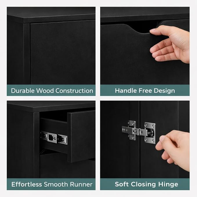 Naomi Home Wooden 5 Drawer Dresser with Cabinet Shelves and Wheels, Drawer Dresser for Bedroom Closet and Dressing Room Storage in Black