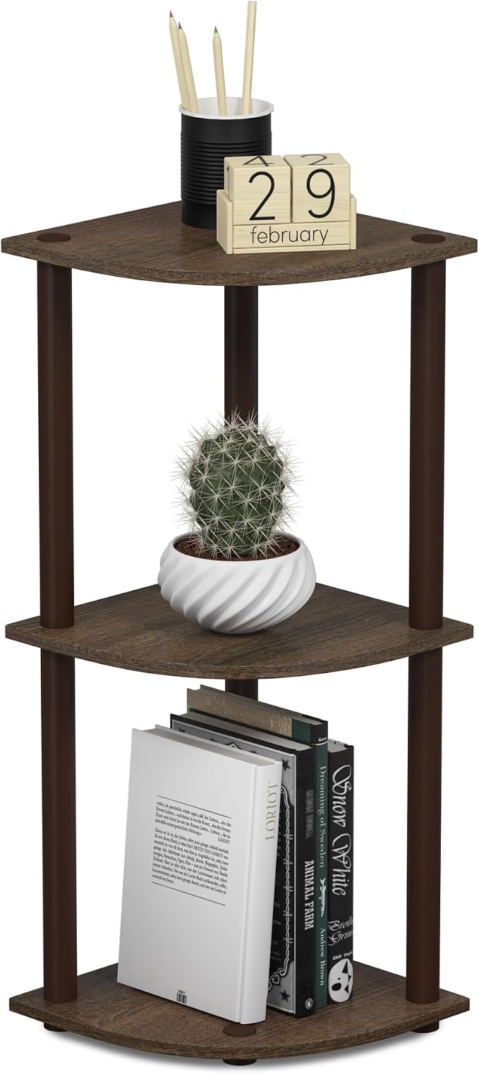 Furinno Turn-N-Tube Toolless Assembly 3-Tier Corner Shelf, Black Corner Book Shelf, Open Shelves Bookshelf, for Organization and Storage, Living Room, Home Office, Bedroom, Black Walnut
