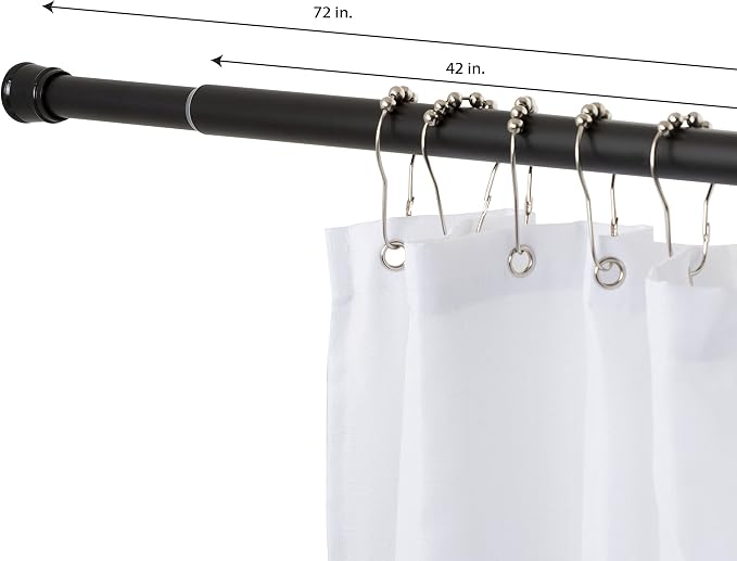 Tension Curtain Rod | Spring Loaded | Adjustable Expandable 42”-76” | Bathroom Shower Rod | Closet Pole | Room Divider | No Rust | No Drilling | Matte Black