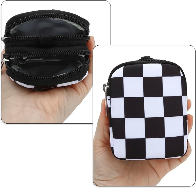 E-Tree Coin Purse with Carabiner Clip, Dual Layer Card Case Holder, Mini Pouch for AirPod Earphone Keychain USB Cable,Wallet, Small Accessories Organizer Bag for Women and Men (Black Checkered)