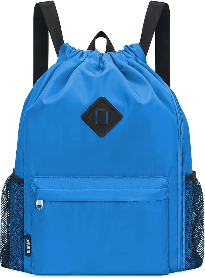 WANDF Drawstring Backpack with Shoe Compartment, Sports Gym Bag | Multi-Pocket Storage, Water-Resistant Fabric, Cinch String Bag