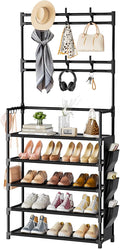 Shoe Rack 5 Tier Shoe Organizer Storage 15-20 Pairs for Closet Entrance | Stackable & Detachable Shelf with Hooks and Side Pocket Entryway Shoe Holder Space Saving Closet Organizers and Storage