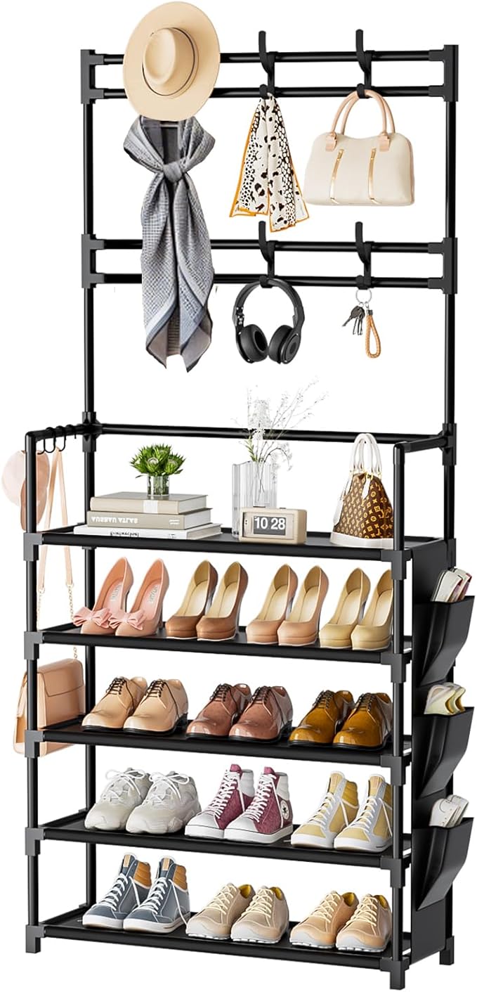 Shoe Rack 5 Tier Shoe Organizer Storage 15-20 Pairs for Closet Entrance | Stackable & Detachable Shelf with Hooks and Side Pocket Entryway Shoe Holder Space Saving Closet Organizers and Storage