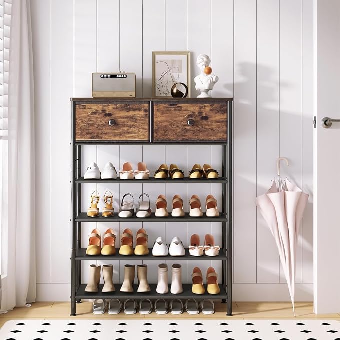 INGIORDAR 5 Tier Shoe Rack Storage Organizer with 2 Drawers MDF Board | Metal space-saving Shoe Shelf stores 20 Pairs of Shoes for Closet Entryway Bedroom Living Room Garage Black+Rustic Brown
