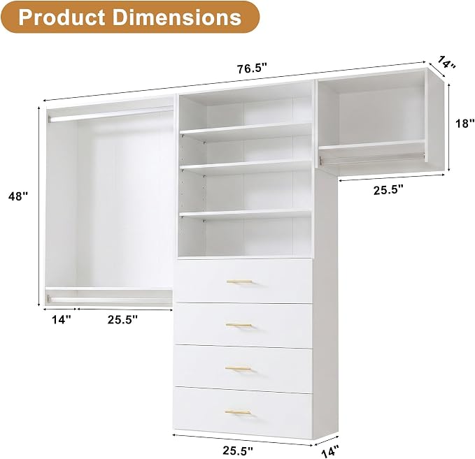 76.5" Modular Closet System, White MDF Walk-In Closet Organizer with Double Hanging Rods, Adjustable Shelves, 4 Drawers, Wall-Mounted Wardrobe Storage for Bedroom and Dressing Room