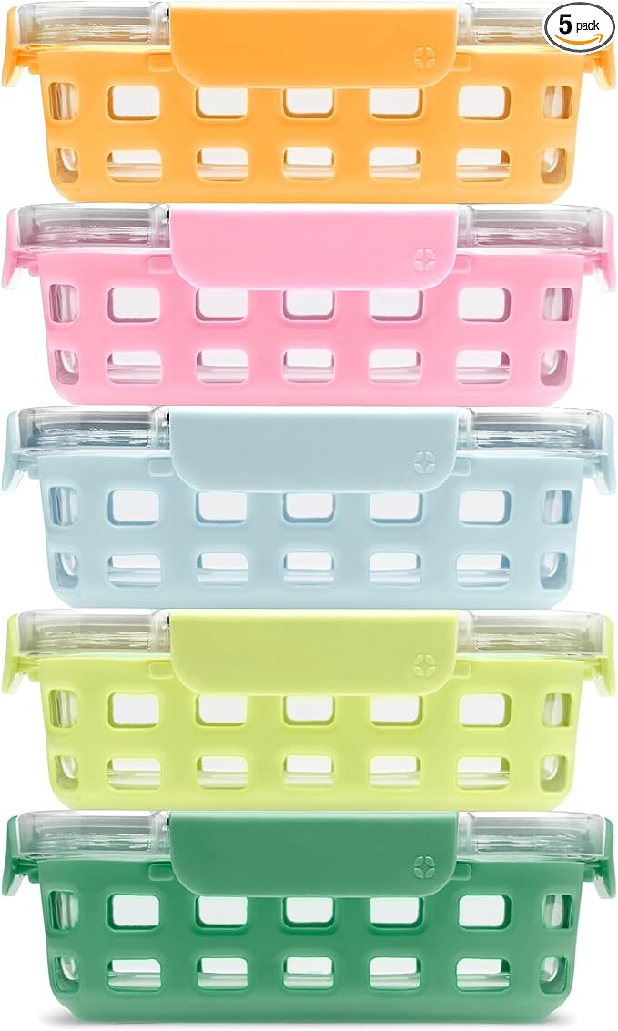 Ello Duraglass 3.4 Cup Meal Prep Sets 10Pc, 5 Pack Set- Glass Food Storage Container with Silicone Sleeve and Airtight BPA-Free Plastic Lids, Dishwasher, Microwave, and Freezer Safe, Meadow