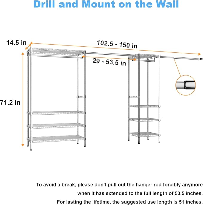 Ulif E11 Heavy-Duty Garment Rack, Metal Freestanding Clothes Rack and Closet Storage Organizer System with 8 Shelves and 4 Hanger Rods, (73.2-97.6)" W x 14.5" D x 71.2" H, Load 1034 LBS, Chrome