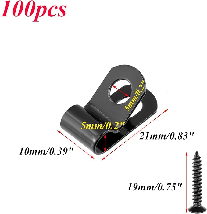 Antrader 0.2" Fence Wire Clamps, R-Type Agricultural Fencing Mounting Clips | 100Pcs 5mm Cable Management Cord Organizer with Screws to Vinyl, Wood or Metal Fence