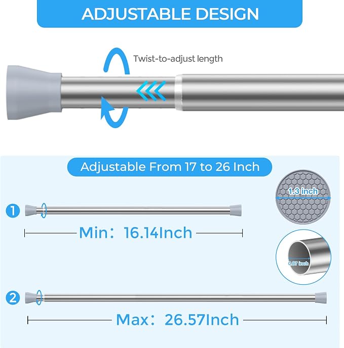 AIZESI Tension Curtain Rod 16 to 26 Inch Adjustable No Drilling 7/8” Diameter Silver Spring Loaded Curtain Rods | Small Curtain Rod for Window, Kitchen, Bathroom, Closet