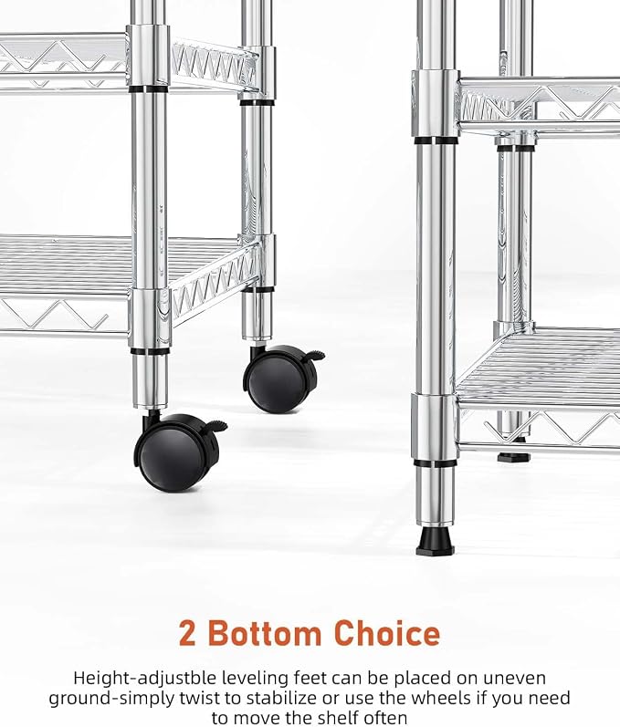 Heavy Duty 3-Shelf Shelving Unit, 24.02" W x 13.78" D x 21.97" H Chrome Steel Storage Rack with Wheels, 2 PP Shelf Liners and Hooks, Adjustable Under Desk Organizer for Kitchen, Office, Garage
