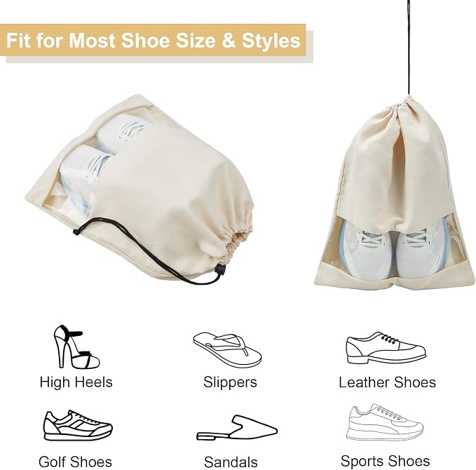 4 Pcs Shoe Bags for Travel with Clear TPU Window, 13.8"x17.7" Dustproof Travel Shoe Bags, Drawstring Travel Shoe Storage Bags for Men & Women (Beige)