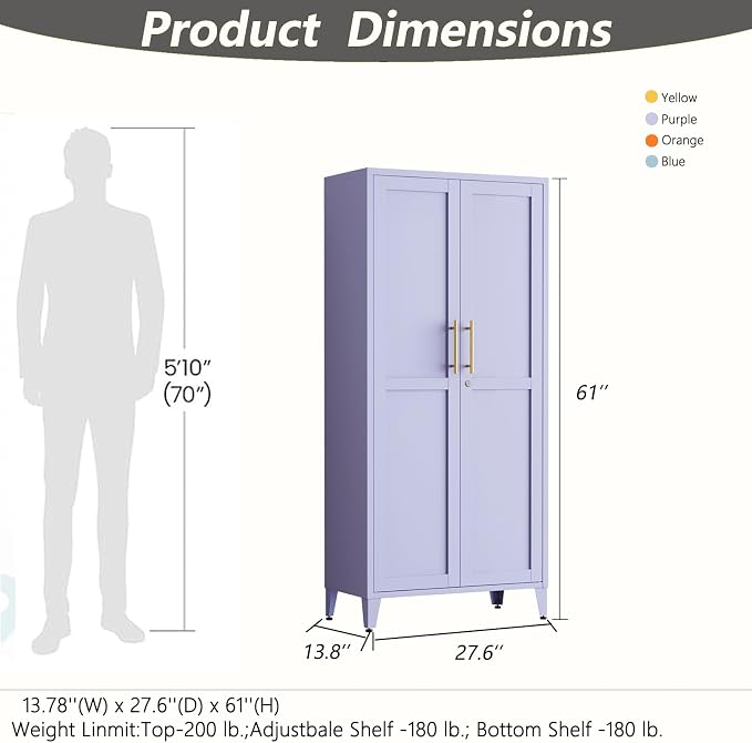 Lockable 61 Inch Tall Metal Storage Cabinet with Adjustable Shelves,4-Tier Steel Storage Locker,2-Door Metal Display Cabinet for Bedroom,Living Room, Home Office Purple