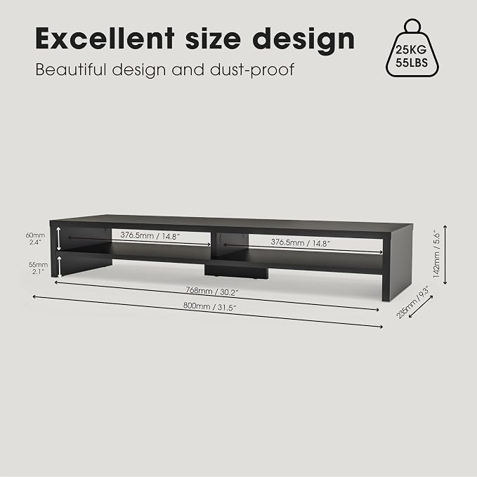 Fenge 31.5 Inch Dual Monitor Stand Riser for Desk, Black | Wooden Desk Shelf, 2-Tier Open Storage Compartment, for PC Laptop Screen Printer, Home Office Desktop Organizer