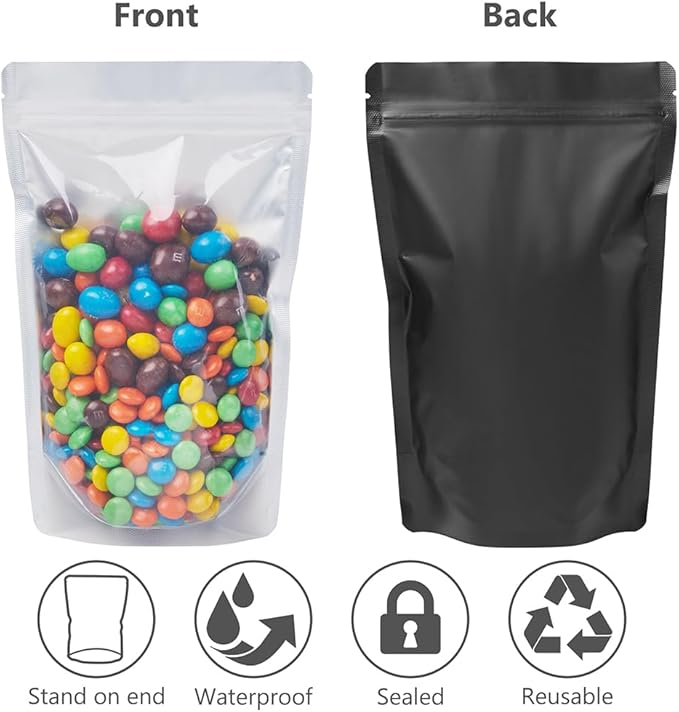 LZLPACKING 100 Pieces resealable Mylar Bags with Clear Front Window,Smell Proof Edible Packaging,Stand up Pouches for Food Storage(black,5×8 Inch/12.7 x 20.3cm)