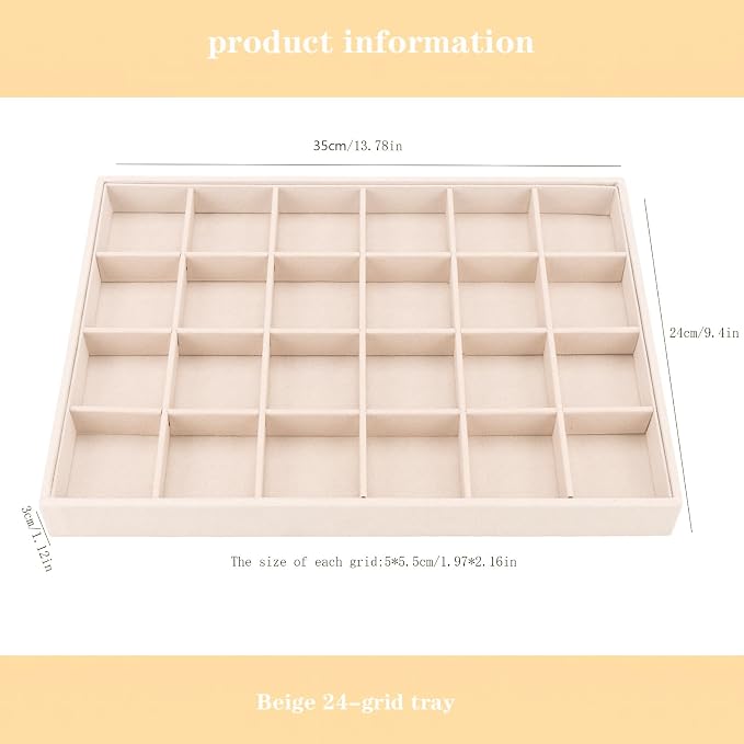 Large Velvet Jewelry Tray, Drawer Organizer for Jewelry in Dresser, Stackable Jewelry Drawer Organizer Inserts for Earring Necklace Bracelet Rings(Beige,24grid)