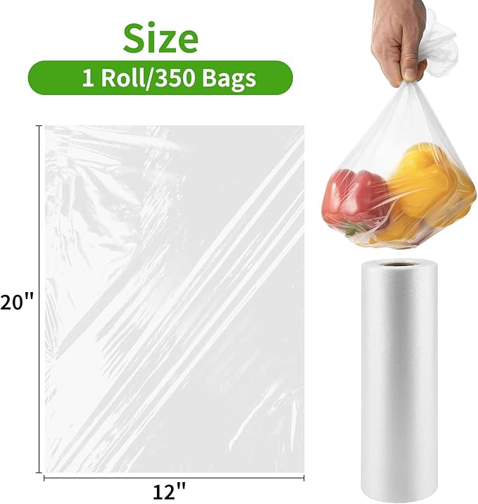 FungLam 12”×20” Plastic Produce Bags on a Roll, Clear Food Storage Bags for Bread, Vegetables, Fruits and Meat, Continuous Plastic Bags for Kitchen, Refrigerator Storage, 350 Bags/Roll