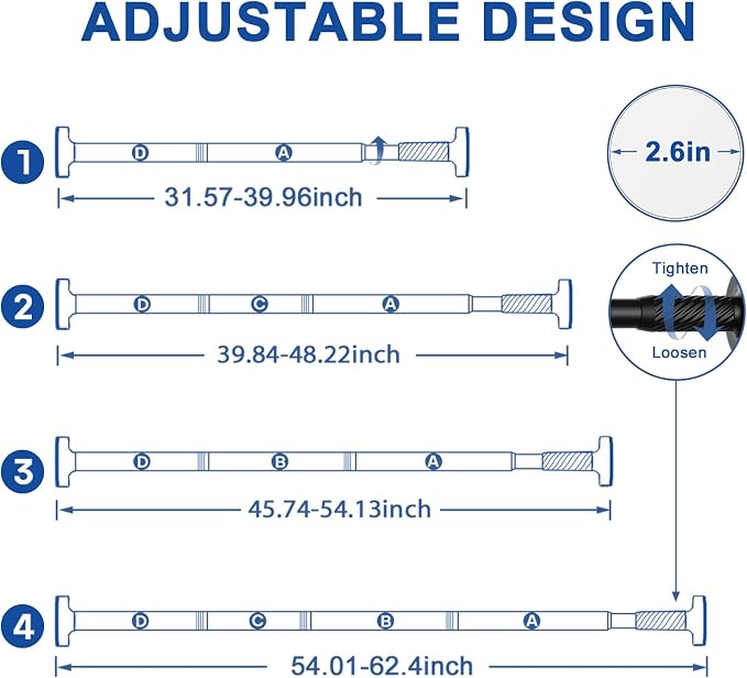 Tensionr Curtain Rod 32-62Inch Black Shower Rod Tension Rod Adjustable Curtain Rods no Drilling Tension Curtain Rods for Bathroom,Windows,Closets,Doorway