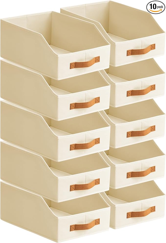 Homsorout Fabric Storage Bins for Organizing - 10 Pack Large Trapezoid Collapsible Storage Bins with Front Handle, Closet Organizers and Storage for Bedroom, Home Shelves, Small Spaces, Beige