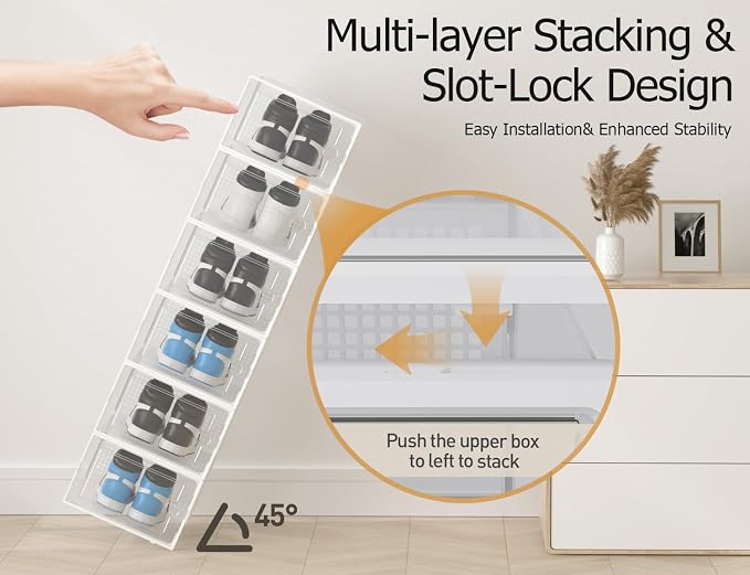 Kuject XX-Large Shoe Storage Boxes Organizers Clear Plastic Stackable 12 Pack, Shoe Rack & Holder Substitute, Sneaker Containers, Shoe Storage Organizer Bins for Closet, Under Bed,White(No Fold Line)