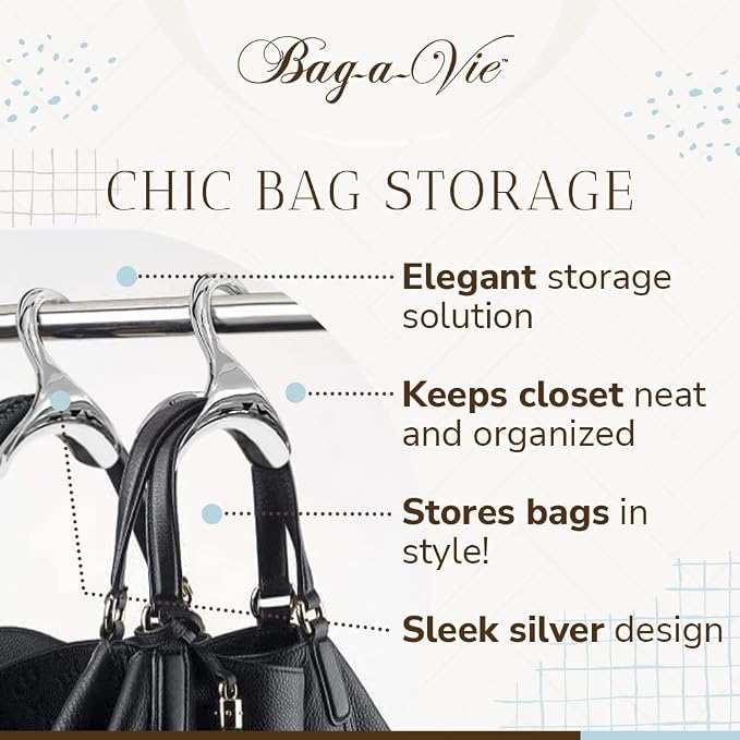 Bag-a-Vie Purse Hanger for Closet - Handbag Organizer Hooks for Hanging Bags & Purses, Protecting Bag Shape & Organizing Space (1 Hanger, Silver Metal)