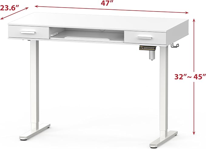 SHW 48-Inch Electric Height Adjustable Desk w/Keyboard Tray, White | w/ 2 Drawers | Memory Presets and Cable Management | Hanging Hooks
