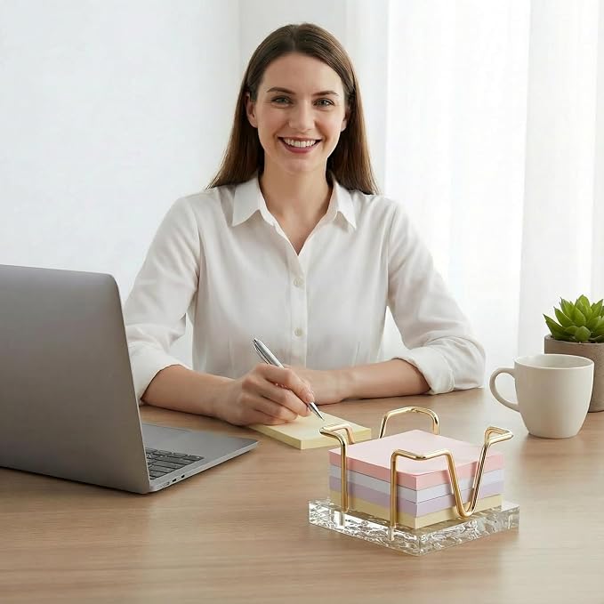 Acrylic Sticky Note Holder, 3 x 3 inch Self-Stick Note Memo Pad Holder for Desk, Notepad Dispenser Organizer for School Office Home, Gold