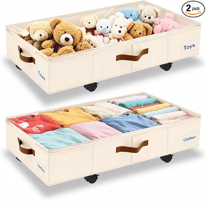 Under Bed Storage with Wheels,Underbed Storage with Sturdy Sidewalls/Bottom, Clear Cover, Label and PU Handle, Rolling Under Bed Drawers for Clothes, Shoes, 6.5 Inch Height,Beige, 2 Pack
