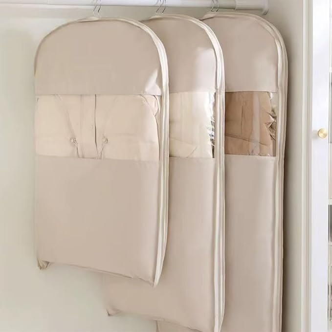 3PCS Space Saving Hanging Garment Bag with Self Compression Zipper, Compression Space Saver Closet Storage Organizers, Dust Cover Clothes Bags for Down Coat (Beige,X-Large)