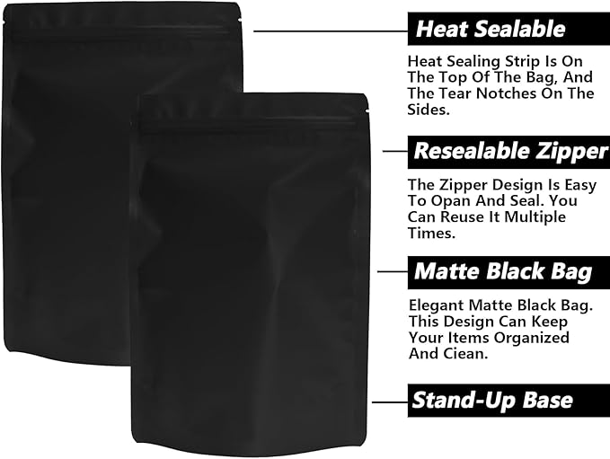 100PCS Smell Proof Resealable Pouch Bags,ULIFESTAR Aluminum Foil Flat Food Storage Bag,Sealable Pcsaging Zipper Pouches with Tear Notches for Pcsaging Lipgloss,Jewelry,etc(16*24cm/6.3*9.45",Black)