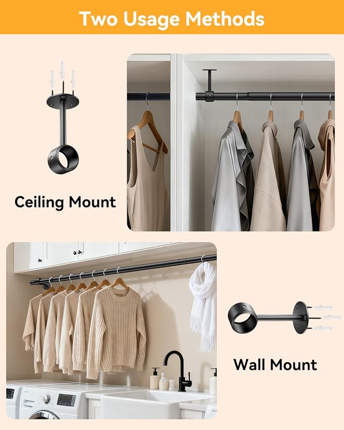 Supforce Closet Rods for Hanging Clothes, 17 to 28 Inches Ceiling Mounted Stepless Adjustable Closet Hanging Rod, 1.3 Inch Heavy Duty Hanging Clothes Rod for Closet Wardrobe Laundry RV (Black)