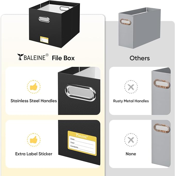 BALEINE File Organizer Box, Cardboard File Folder Organizer with Handle for Letter Size, Portable Collapsible Hanging Filing Box for Home Office Document Storage (2 Pack, Large Black)