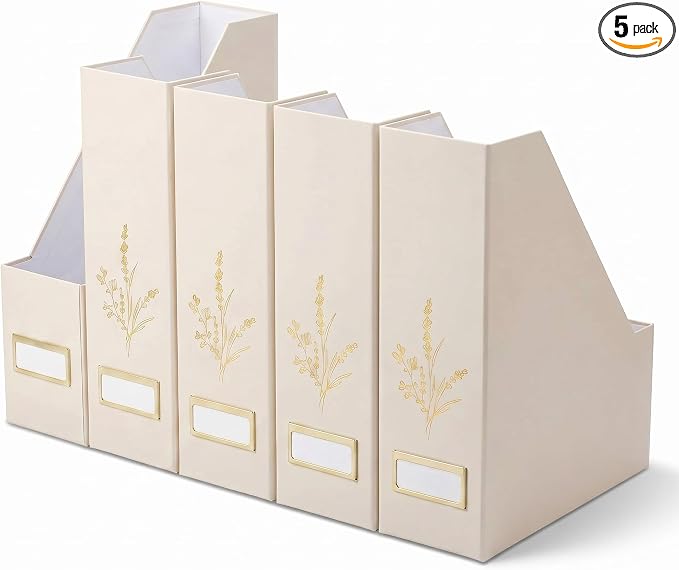 AmazingSpark 5 Pack Magazine File Holder Office Desk Storage Holder Set Vertical Desk Cardboard Organizer for Office Home Classroom Organize Your File Magazines Paperwork Books or Binders (Beige)