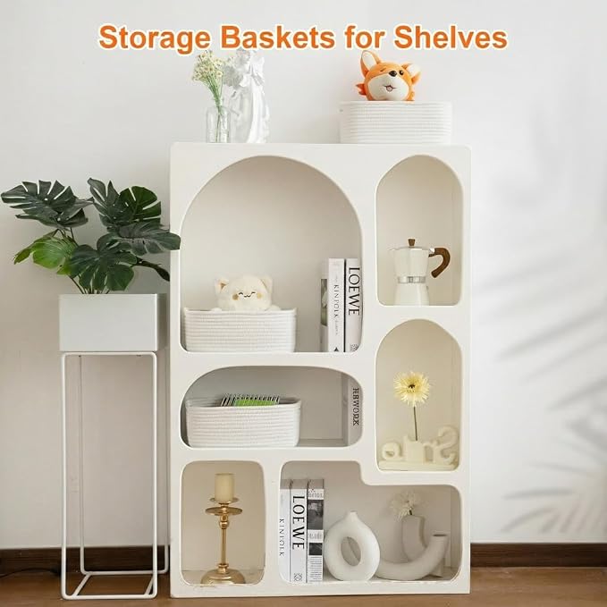 Small Storage Baskets for Organizing, Woven Storage Bins for Shelves, Gift Basket Empty, Cute Decorative Closet Organizer, Baby Rope Basket, Dog Toy Storage, 11x7.5x4.5”, 3Packs White