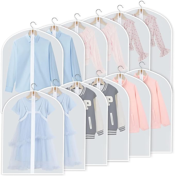 Garment Bags for Hanging Clothes, Set of 12 Suit Bags Dust Resistant Clothing Bags Garment Covers PEVA Breathable Clothes Protectors with Full Zipper for Closet Storage, 24"x 32"