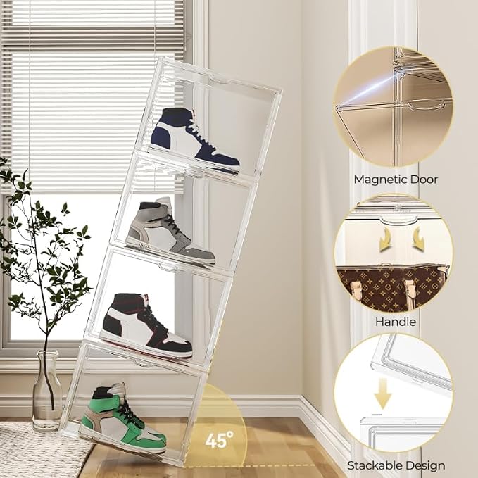15.75''x11.81''x9.84'' XX-Large Clear Shoe Storage Boxes with Divider, Stackable Plastic Boot Boxes with Magnetic Door, Acrylic display case Box with Lids for Sneaker Purses Handbags Books (1)