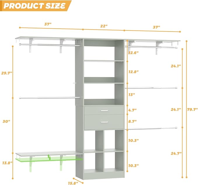 Besiost Closet System - 8FT Closet Organizer System with Wooden Drawers, 96" Closet Systems for Walk-In Closets with Cuttable Hanging Shelving, Green