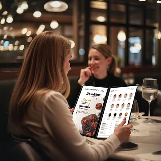Goodsmart Restaurant Menu Covers – 25 Pack Black 4-View, Side-Loading Menu Holders, Vinyl & Plastic Café Menu Covers, Clear Menu Sleeves, Fits 5.5" x 8.5", Leather-Style Design, Gold Corners