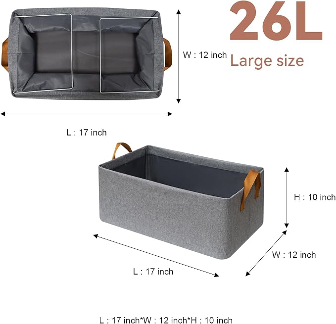 4 Pack Closet Cloth Storage Bins with Handles（Grey 17''L x 12''W x 10''H）