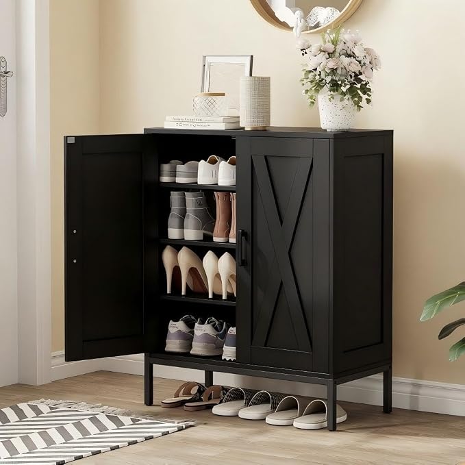 Homleke Farmhouse Shoe Cabinet with 2 Barn Doors & Metal Legs | Tall 4-Tier Shoe Storage Cabinet, 3 Adjustable Shelves, Shoe Rack Organizer, for Entryway, Hallway, Closet, Black
