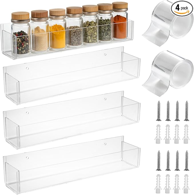 ASelected 4 PCS Acrylic Spice Rack for Wall, 12inch Adhesive Spice Rack Wall Mount, Walls Mounted Spices Racks Organizer for Kitchen, Cabinet Door, Cupboard