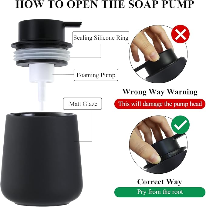 Bosilunlife 12Oz Ceramic Foam Soap Dispenser for Bathroom Kitchen Counter | Premium countertop foam pump creates delicate dense foam, stable desktop placement, Rubber Paint Black