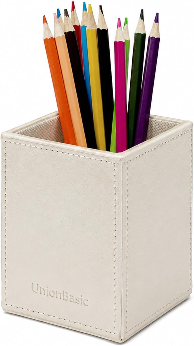 UnionBasic Square Pen Holder, Leather Pencil Cup, Desktop Caddy Stationery Organizer, Creamy White | Leather, Pencil Cup, Desktop Caddy, Stationery Organizer