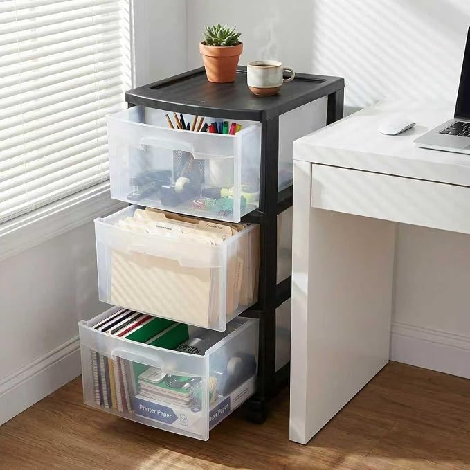 3 Drawer Plastic Storage Cart, Clear Rolling Home Office Organizer Black | Removable wheels switch between rolling mobility & stationary stability for any room.