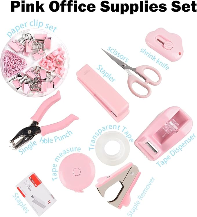 ChezMax Pink Desk Accessory Kit Includes Stapler with Staples Staple Remover Tape Dispenser Transparent Tape Scissors Push Pins Paper Clips Binder Clips Single Hole Punch Telescopic Knife Tape Measure