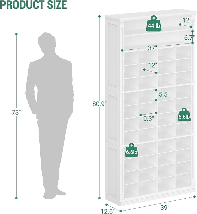 Hzuaneri 13 Tiers Shoe Storage Cabinet, Tall Shoe Cabinet with Cubby, Wooden Shoes Organizer for Closet, 52 Pairs, Shoes Cubby Organizer for Entryway, Hallway, Bedroom, White SR41003X